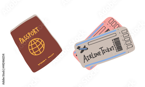 Passport and Boarding Tickets as Travel and Tourism Symbol Vector Set