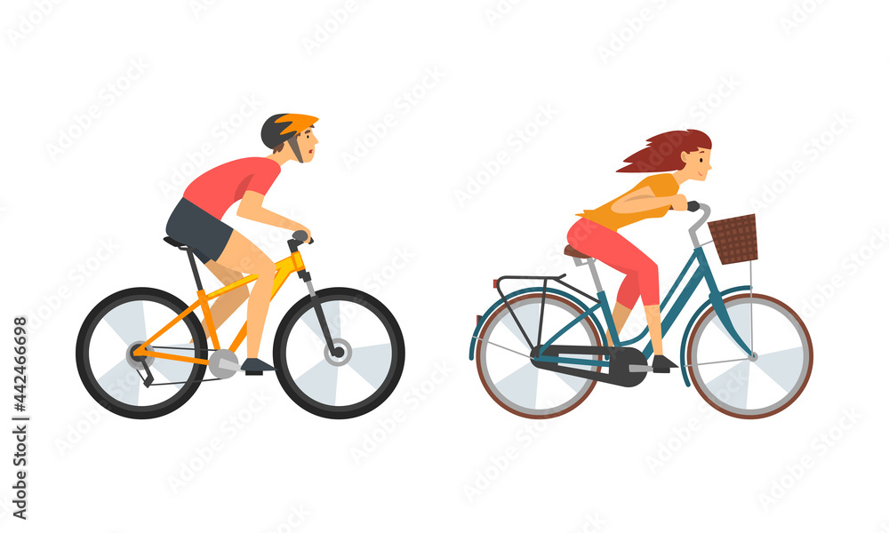 Young Man and Woman Riding Bicycle Enjoying Vacation or Weekend Activity Vector Set Young Man and Woman Riding Bicycle Enjoying Vacation or Weekend Activity Vector Set