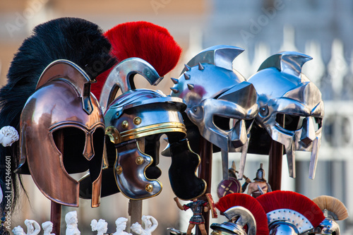 Canvas Print Roman soldier and gladiator helmets for sale on the streets of Roma, Italy