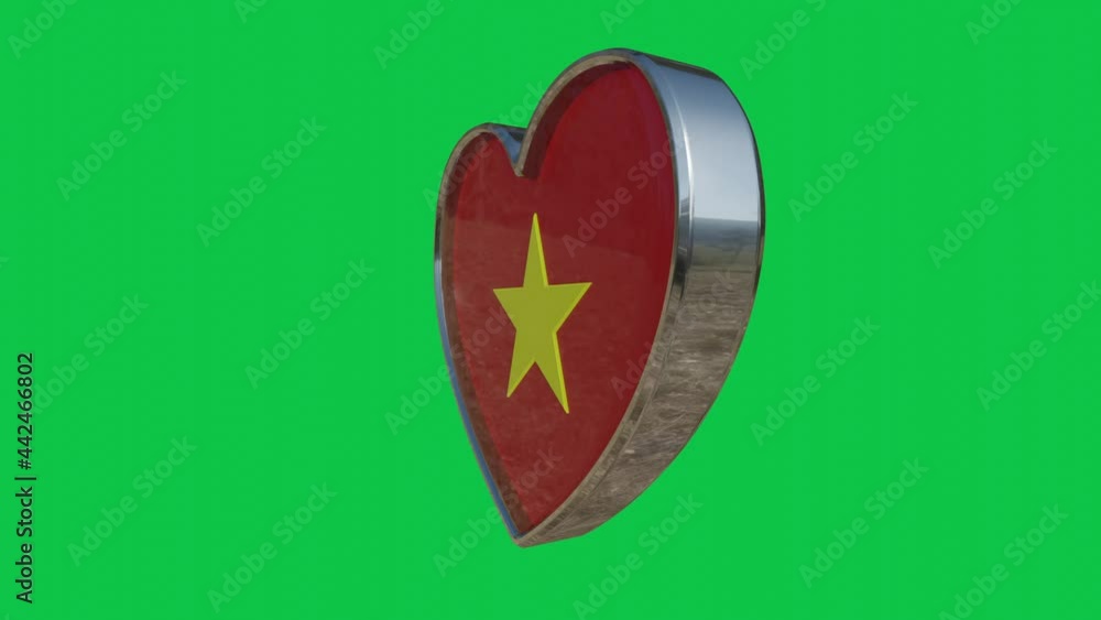 Flag of the Vietnam in the shape of 3D heart.Looped video of 360 degrees rotation. Metallic heart with glass and relief elements of the country flag. Animation with green screen. Flag of the Vietnam in the shape of 3D heart.Looped video of 360 degrees rotation. Metallic heart with glass and relief elements of the country flag. Animation with green screen.