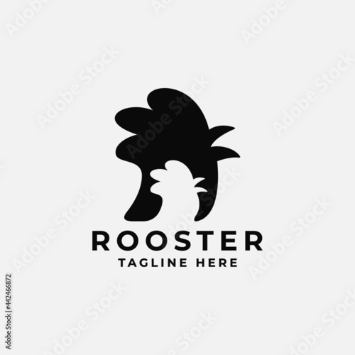 Silhouette crowing rooster logo template, chicken head logo mascot design with negative space style, vintage rooster chicken vector illustration for meat shop and restaurant label symbol icon