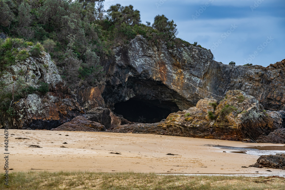 A winters day at Mystery Bay with a beach sea cave