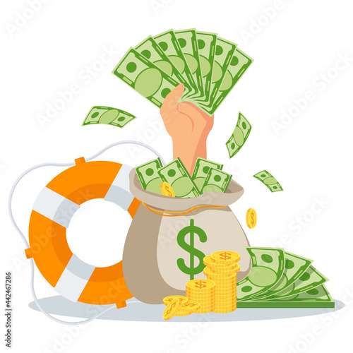 Hand with money sticks out of a bag of money.