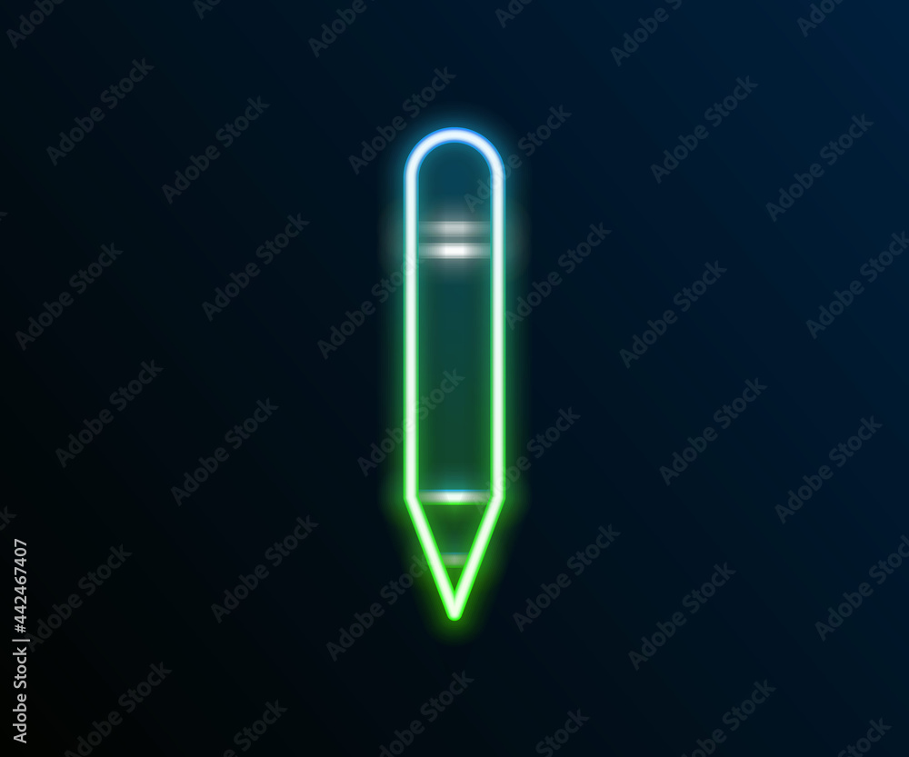Glowing neon line Pencil with eraser icon isolated on black background. Drawing and educational tools. School office symbol. Colorful outline concept. Vector Glowing neon line Pencil with eraser icon isolated on black background. Drawing and educational tools. School office symbol. Colorful outline concept. Vector