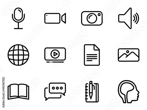 Set of black vector icons, isolated against white background. Flat illustration on a theme content creation tools and types. Line, outline, stroke