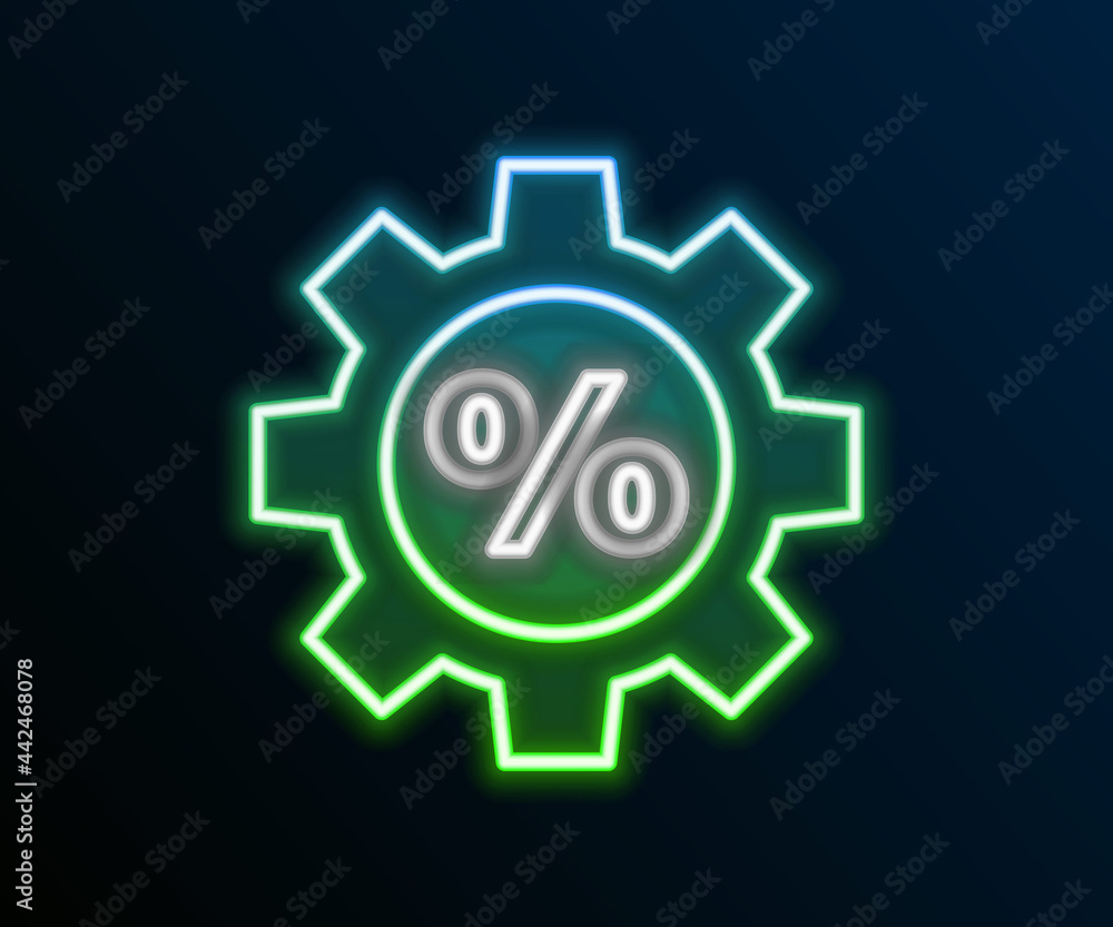 Obraz premium Glowing neon line Gear with percent icon isolated on black background. Colorful outline concept. Vector