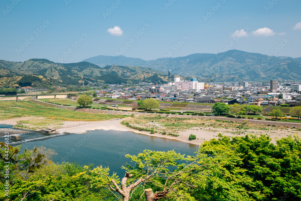 View of Ozu village and Hijikawa river in Ehime, Shikoku, Japan