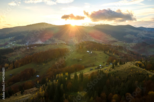 Aerial view of distant village with small shepherd houses on wide hill meadows between autumn forest trees in Ukrainian Carpathian mountains at sunset.