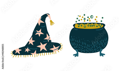 Witch Pointed Hat and Cauldron with Boiling Potion as Witchcraft Object for Spells and Performing Magical Rituals Vector Set