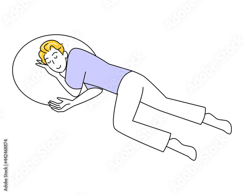 熱中症等の体調不良のため横たわり安静にしていたら回復してきた可愛い男性 回復体位 イラスト ベクター