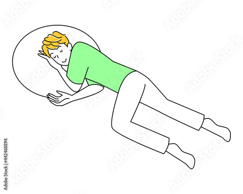 熱中症等の体調不良のため横たわり安静にしていたら回復してきた可愛い男性 回復体位 イラスト ベクター