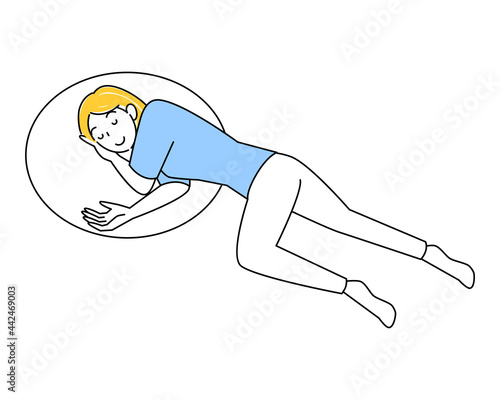 熱中症等の体調不良のため横たわり安静にしていたら回復してきた可愛い女性 回復体位 イラスト ベクター