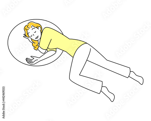 熱中症等の体調不良のため横たわり安静にしていたら回復してきた可愛い女性 回復体位 イラスト ベクター