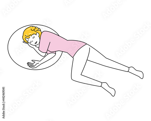 熱中症等の体調不良のため横たわり安静にしていたら回復してきた可愛い女性 回復体位 イラスト ベクター
