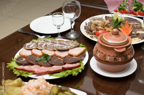 Wallpaper Mural Meat appetizer of smoked beef, horse meat, turkey on the banquet table Torontodigital.ca