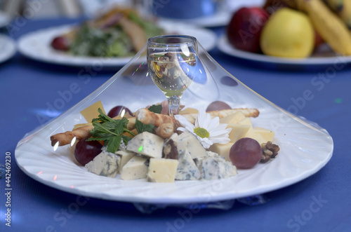 Wallpaper Mural Glass with a different snack of cheese, cheese, grapes, walnuts, bread sticks on a plate, covered with a transparent film, on a blue banquet table Torontodigital.ca