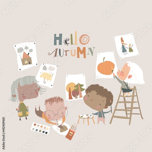 Cute cartoon Kids painting Pictures about Autumn