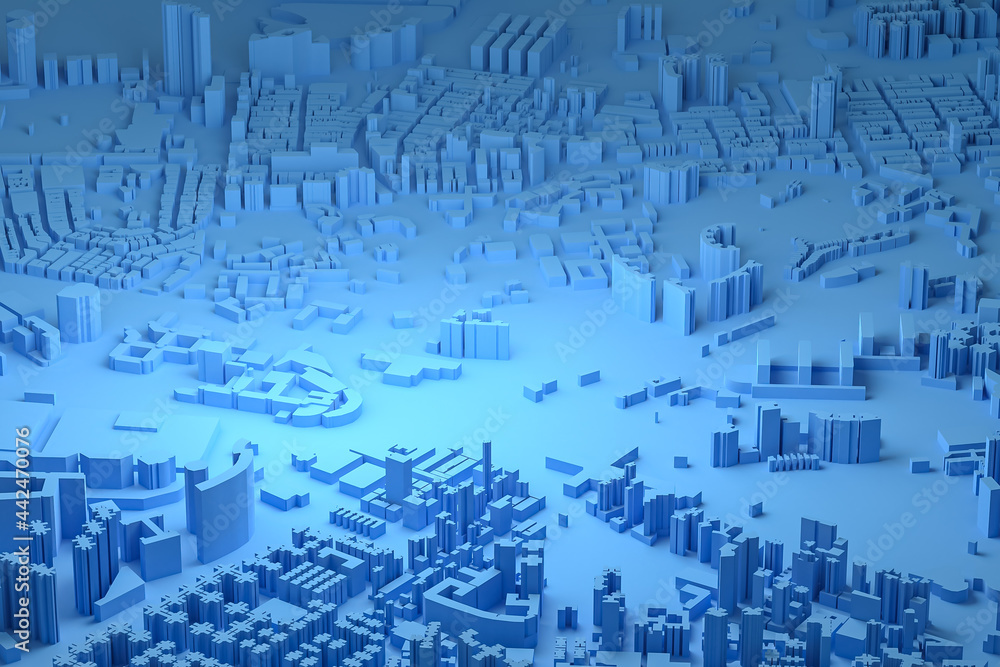 blue aerial view of city buildings 3d rendering blue map background