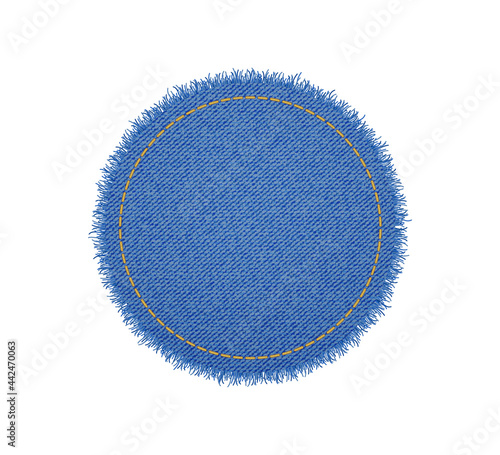 Denim circle shape with stitches. Torn jean patch with seam. Vector realistic illustration on white background.