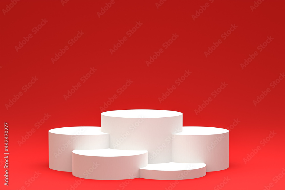 White minimal podium or pedestal display on abstract red background for cosmetic product presentation White minimal podium or pedestal display on abstract red background for cosmetic product presentation