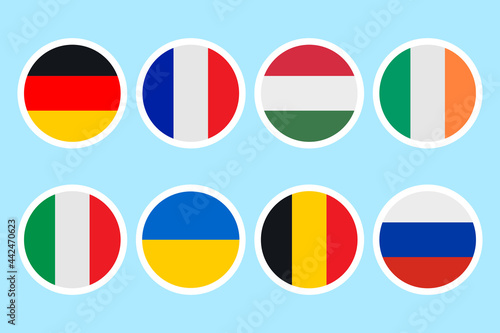 Flags of different countries. A set of stickers on a white backing. Collection of vector icons. Isolated background. National symbol of the state. Political topics. Flat style. Idea for web design.
