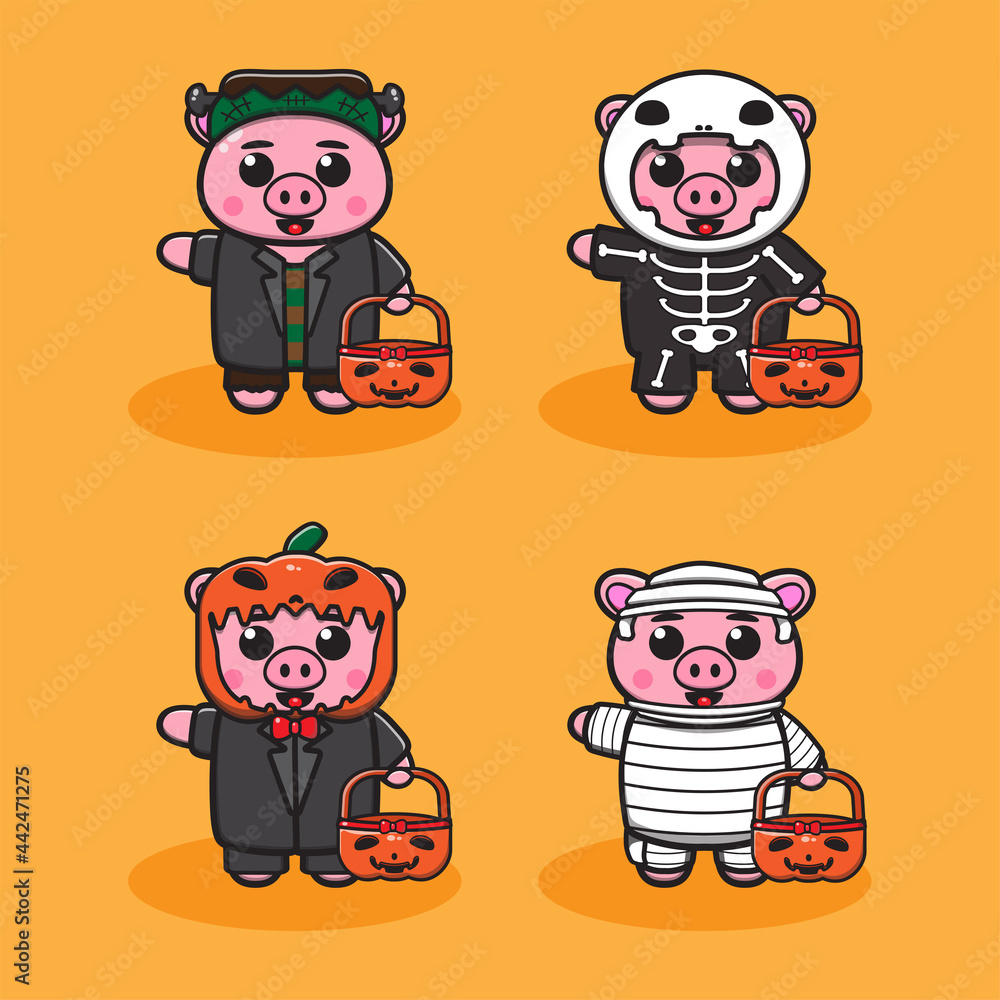 Vector illustration of cute Pig Halloween cartoon. Frankenstein, Skeleton, Pumpkin and Mummy costume set. Good for icon, logo, label, sticker, clipart. Vector illustration of cute Pig Halloween cartoon. Frankenstein, Skeleton, Pumpkin and Mummy costume set. Good for icon, logo, label, sticker, clipart.