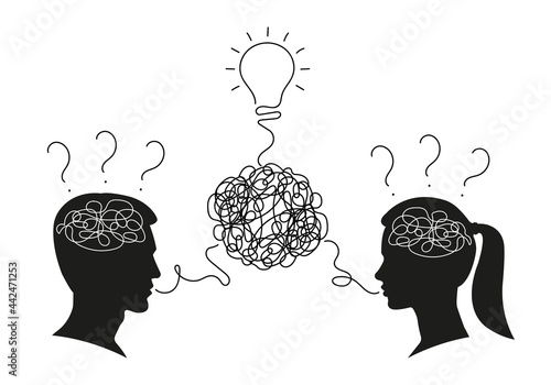Man and woman dialogue with confused thoughts in their head and questions in their brain. Brainstorm process. New idea, solution concept. Couple communication, relationship. Vector illustration.
