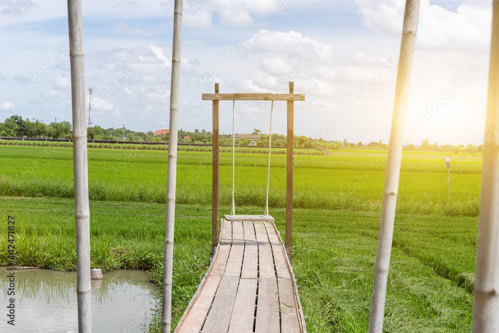 Fototapeta premium A swing hanging on the edge of the field with the sun in the background