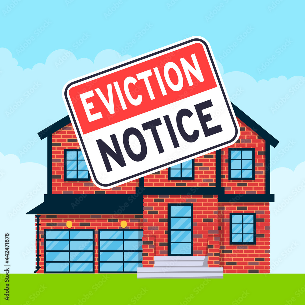 Fototapeta premium House eviction notice legal document icon sign sticker on the house building vector illustration flat style design. Notice to vacate form eviction credit debt real estate business concept.