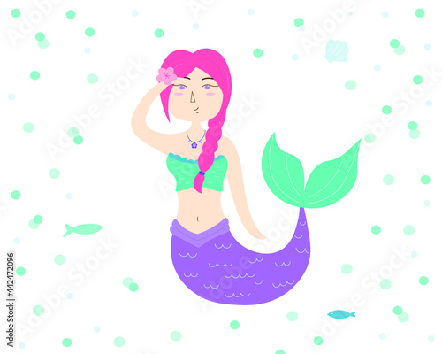 Little cute mermaid with fishes and seashell. Illustration for t shirts   chaldren books.