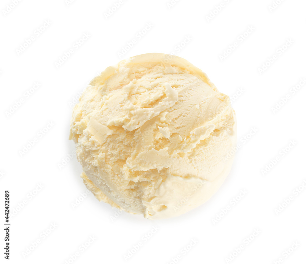 Delicious banana ice cream isolated on white, top view