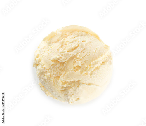 Delicious banana ice cream isolated on white, top view