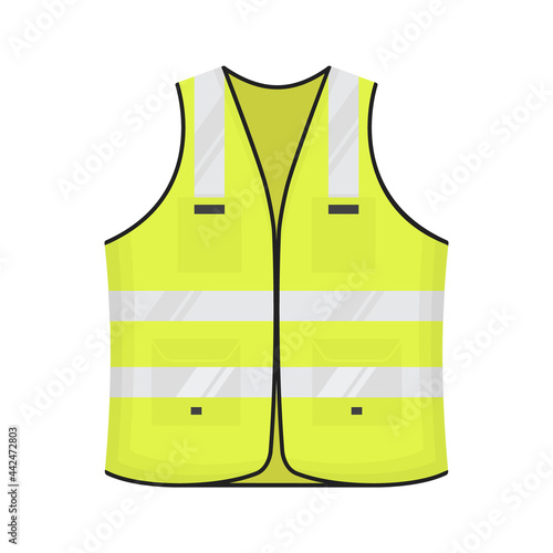 Safety reflective vest icon sign flat style design vector illustration. Blue colored fluorescent security safety work jacket reflective stripes. Front view road uniform vest isolated white background.