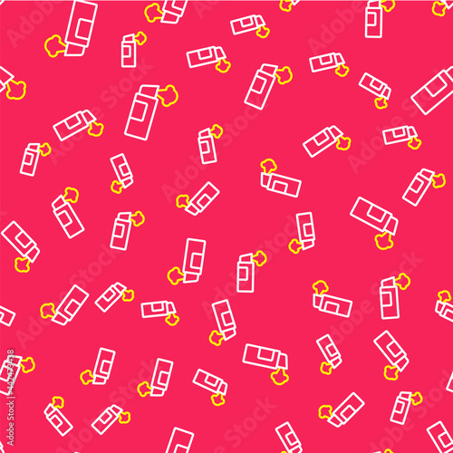 Line Pepper spray icon isolated seamless pattern on red background. OC gas. Capsicum self defense aerosol. Vector