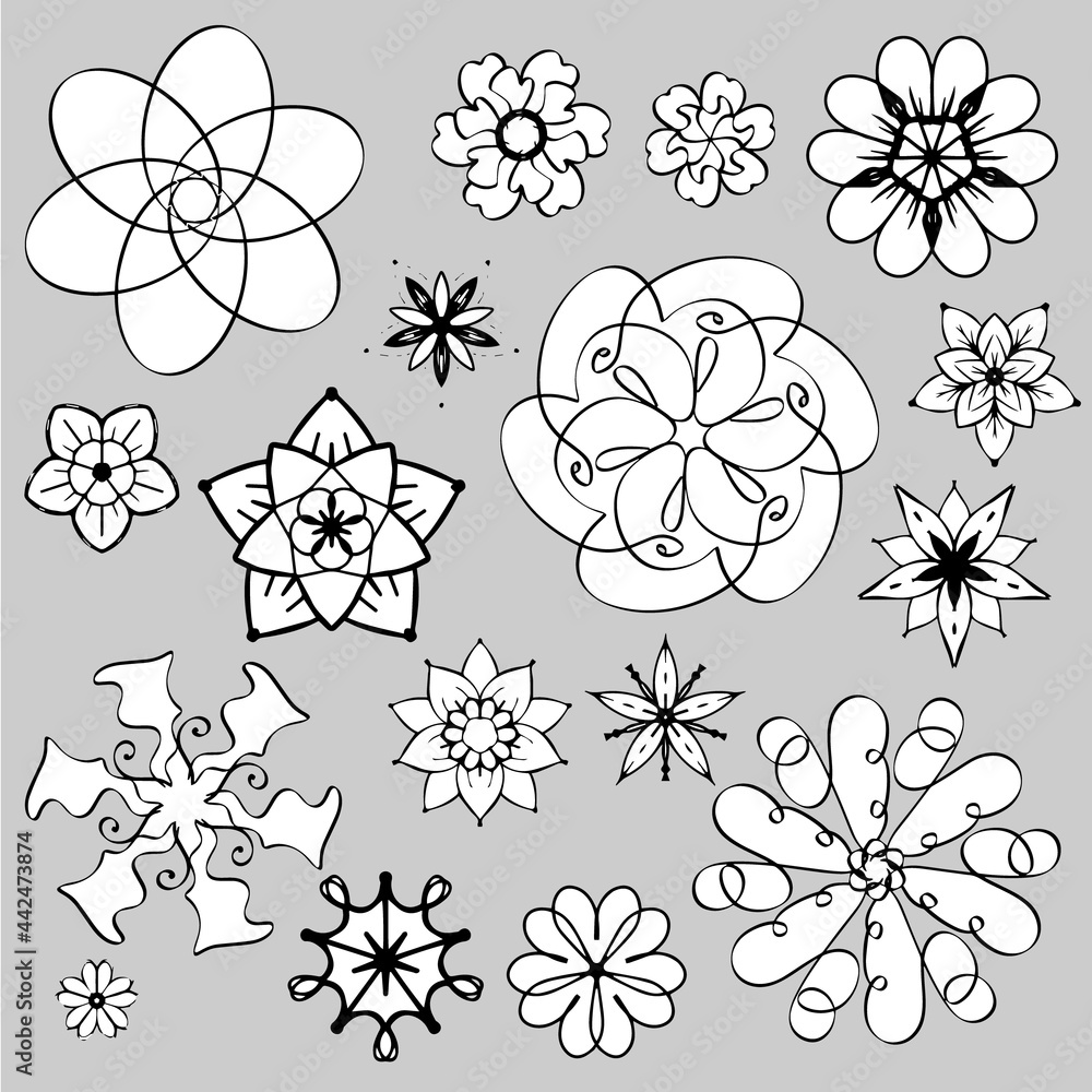 Naklejka premium Outline doodle flowers for adult coloring book. Beautiful floral background for color artwork. Monochrome zentangle 