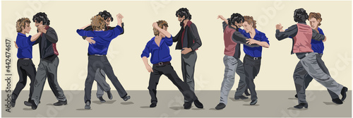 Vector set of man tango movements. Five postures. Man in bright blue shirt dances tango with brunet with moustaches in black vest with red atlas back. Beige muted background.