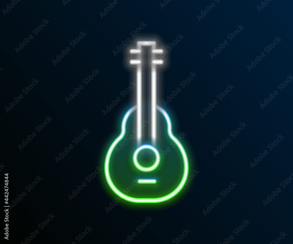 Glowing neon line Mexican guitar icon isolated on black background. Acoustic guitar. String musical instrument. Colorful outline concept. Vector Glowing neon line Mexican guitar icon isolated on black background. Acoustic guitar. String musical instrument. Colorful outline concept. Vector