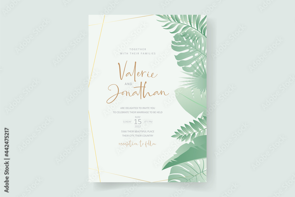 Summer wedding card design with tropical leaf ornament