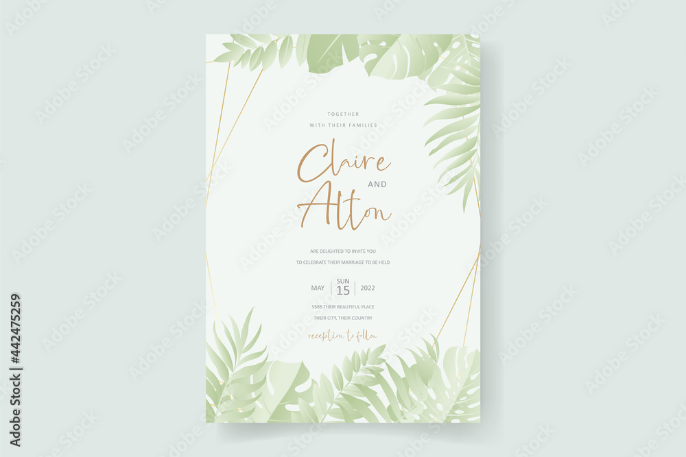 Obraz premium Summer wedding card design with tropical leaf ornament