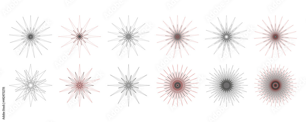 Set of geometric element design vector templates in stars, mandala, fireworks, sunburst, sun rays, beams of light shape patterns. Created using AI CS6. Set of geometric element design vector templates in stars, mandala, fireworks, sunburst, sun rays, beams of light shape patterns. Created using AI CS6.
