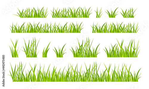 Green grassland lawn field border flat style design vector illustration set isolated on white background. Cartoon summer green grass nature landscape field.