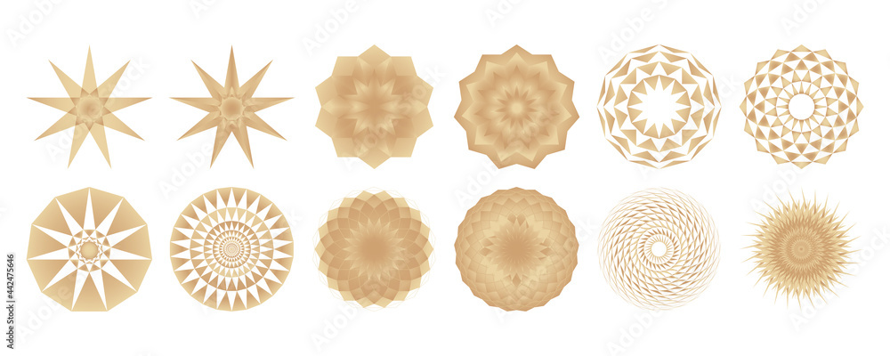 Set of geometric element design vector templates in golden stars, flowers, mosque dome, Islamic tiles shape patterns. Created using AI CS6. Set of geometric element design vector templates in golden stars, flowers, mosque dome, Islamic tiles shape patterns. Created using AI CS6.