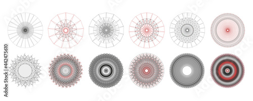 Set of geometric element design vector templates in dream catcher, turbine fan, grinding knife, rim, flywheel/freewheel, gears, yarn stitches shape patterns. Created using AI CS6.