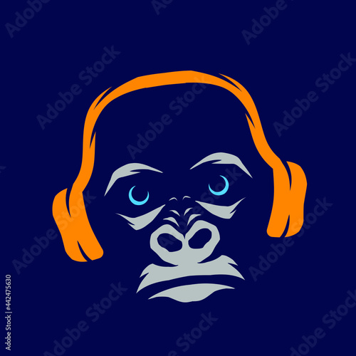 Monkey headset funny funky line pop art logo. Colorful design with dark background. Abstract vector illustration