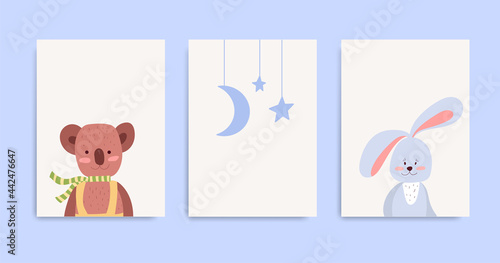 A set of posters for the nursery with a bear, bunny, moon and stars. Vector illustration