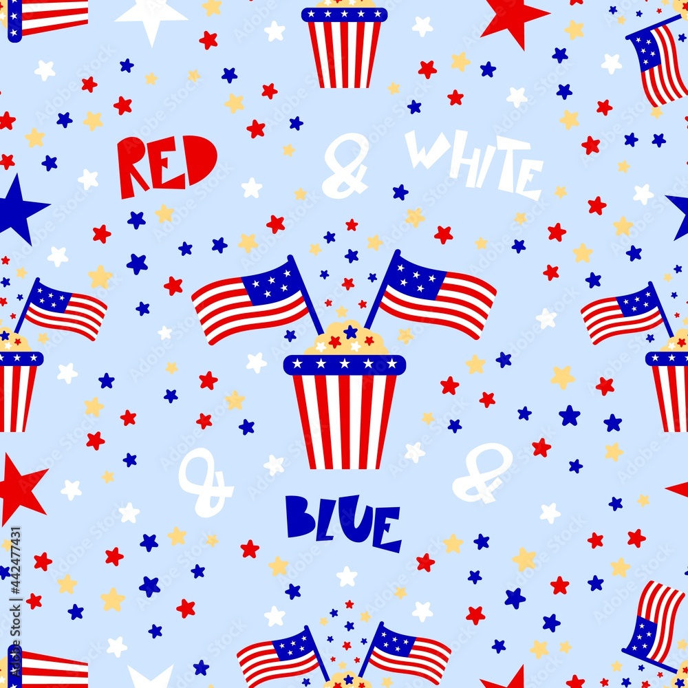 Obraz premium Seamless pattern with box of popcorn with American flag. Red blue white. Patriotic backdrop.