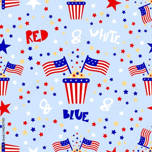 Seamless pattern with box of popcorn with American flag. Red blue white. Patriotic backdrop.