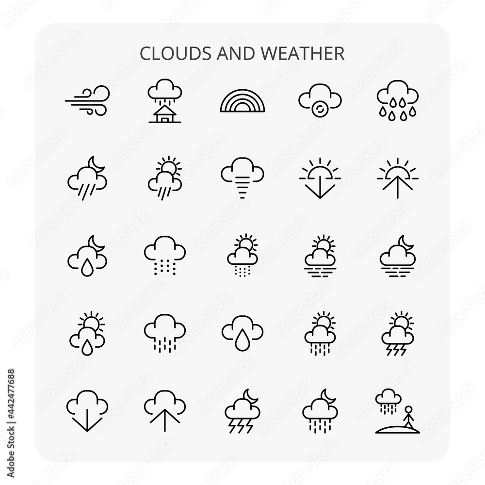 Clouds and weather icon set outline style Clouds and weather icon set outline style