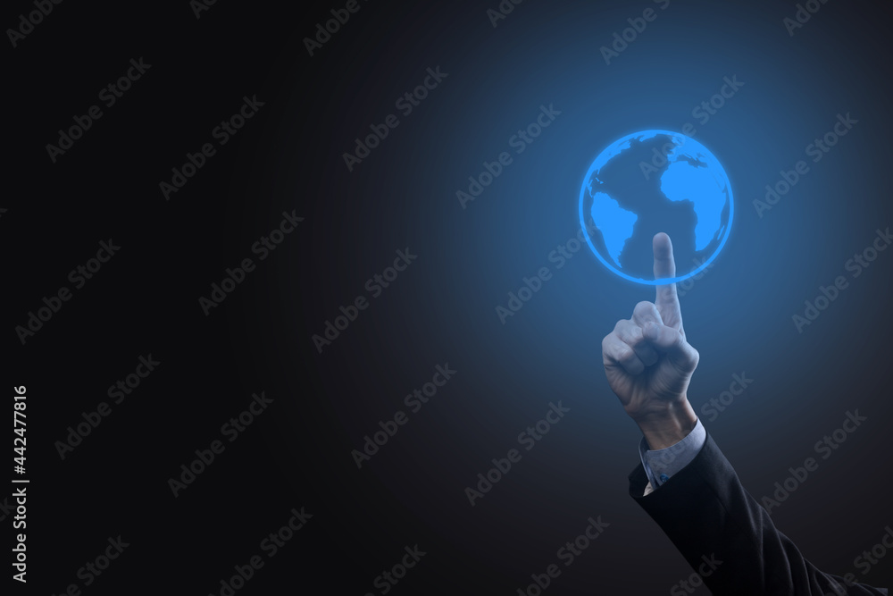 Businessman man hand holding Earth icon , digital globe Businessman man hand holding Earth icon , digital globe