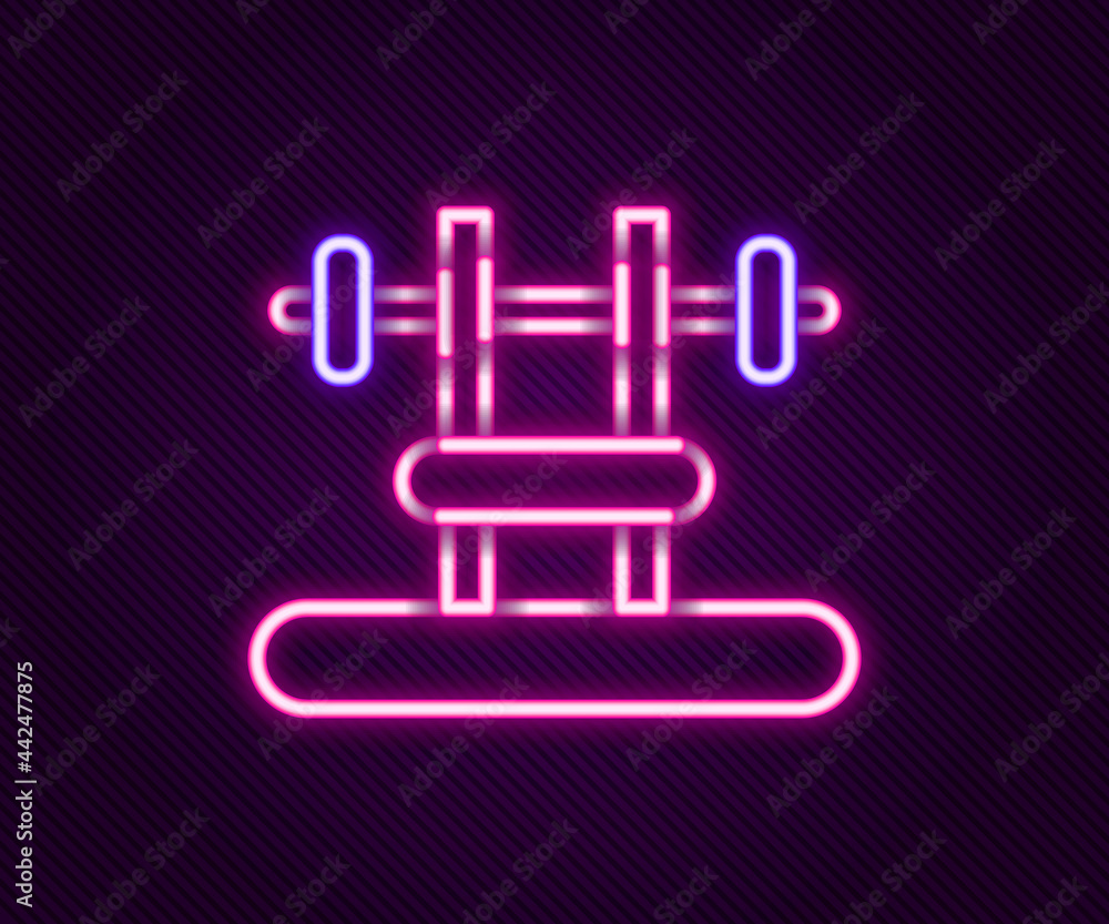 Glowing neon line Bench with barbel icon isolated on black background. Gym equipment. Bodybuilding, powerlifting, fitness concept. Colorful outline concept. Vector Glowing neon line Bench with barbel icon isolated on black background. Gym equipment. Bodybuilding, powerlifting, fitness concept. Colorful outline concept. Vector